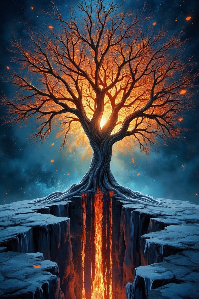 Illustration, Ice and Fire, image style from Gustav Klimt's "tree of life" , World within the fissure: Around or beneath the tree, a crack reveals glimpses of another world or dimension, enhancing a surreal atmosphere. masterpiece, best quality, (ultra-detailed, 8k, uhd), (kawaii background:1.3), (extremely detailed, fine touch:1.3), (beauty and aesthetics:1.3), superb detail, It must not be commonplace, Must have a very complex structure, Must have a very high degree of randomness, Must be an image that no one has ever seen before, It has to be very original, Must have tremendous detail, It has to be of the highest artistic quality, It has to be the ultimate, Failure is not an option,