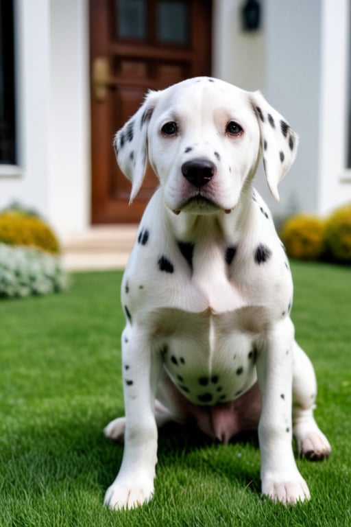 Generate hyper realistic image of   white dalmatian   sitting in green lawns in front of white villa.The puppy is looking at the camera. The background is out of focus.