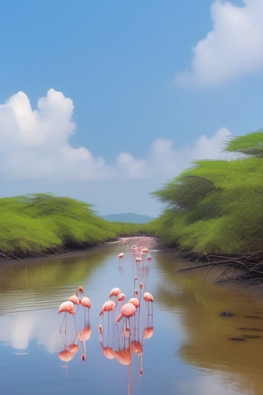 flamingos in Mahim creek,  mangroves, day light, blue sky , a white cloud, inspired by work of Olafur Eliasson