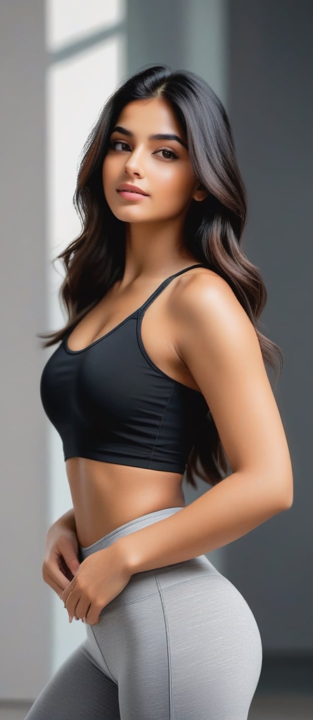 beautiful cute young attractive girl indian, teenage girl, 18 year old, 34-26-36 stats, instagram model,long black hair, realistic beautiful face, doing yoga, fair white skin, her confidence evident in her posture, her chest subtly accentuated, 3D rendering, focusing on lifelike textures and lighting effects, --ar 16:9 --v 5