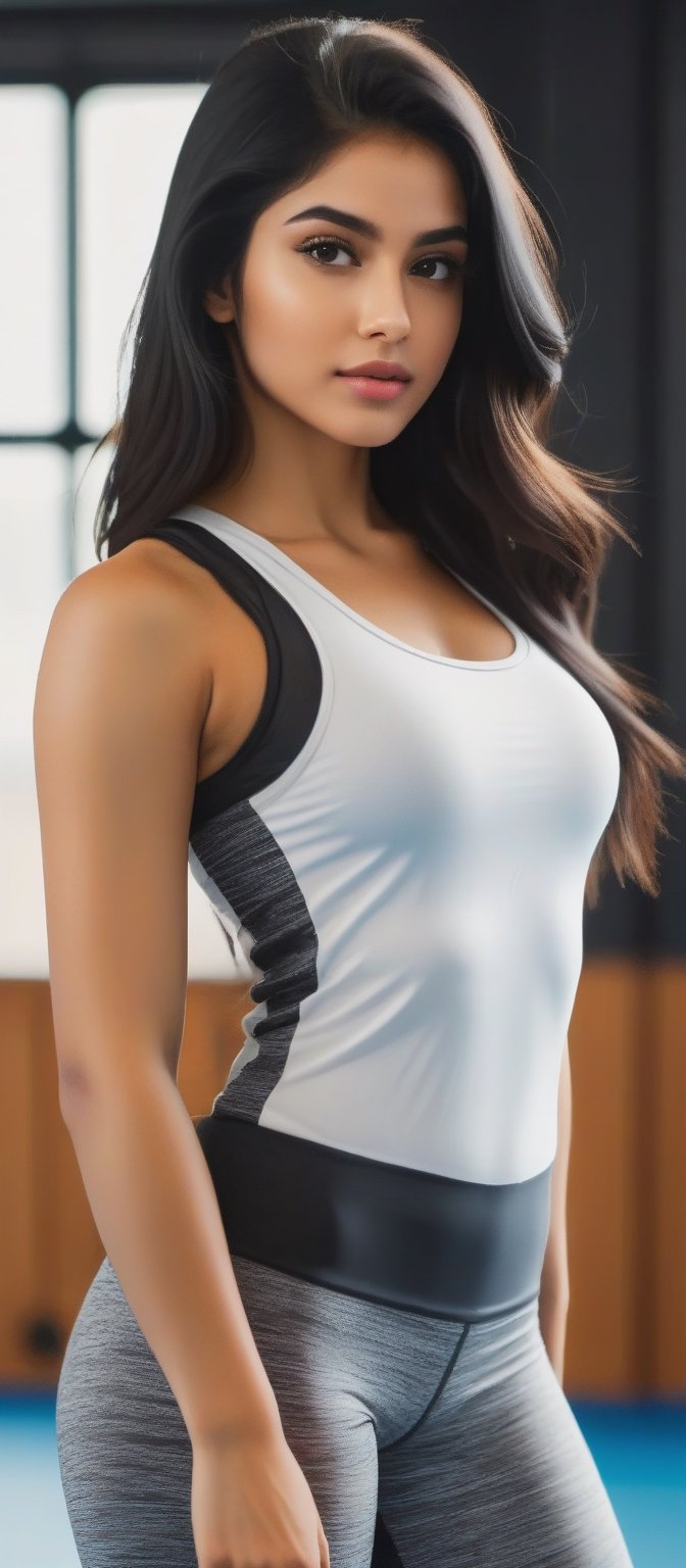 beautiful cute young attractive girl indian, teenage girl, 18 year old, 34-26-36 stats, instagram model,long black hair, beautiful face, fair white skin, wearing yoga tights and tank top, back pose, looking behind, in gym, her confidence evident in her posture, her chest subtly accentuated, 3D rendering, focusing on lifelike textures and lighting effects, --ar 16:9 --v 5