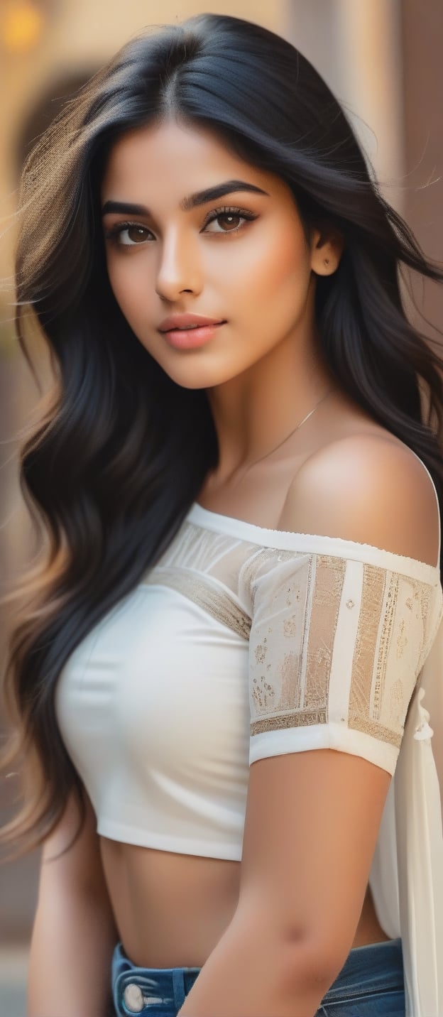 beautiful cute young attractive girl indian, teenage girl, 18 year old, 34-26-36 stats, instagram model,long black hair, beautiful face, fair white skin, her confidence evident in her posture, her chest subtly accentuated, 3D rendering, focusing on lifelike textures and lighting effects, --ar 16:9 --v 5