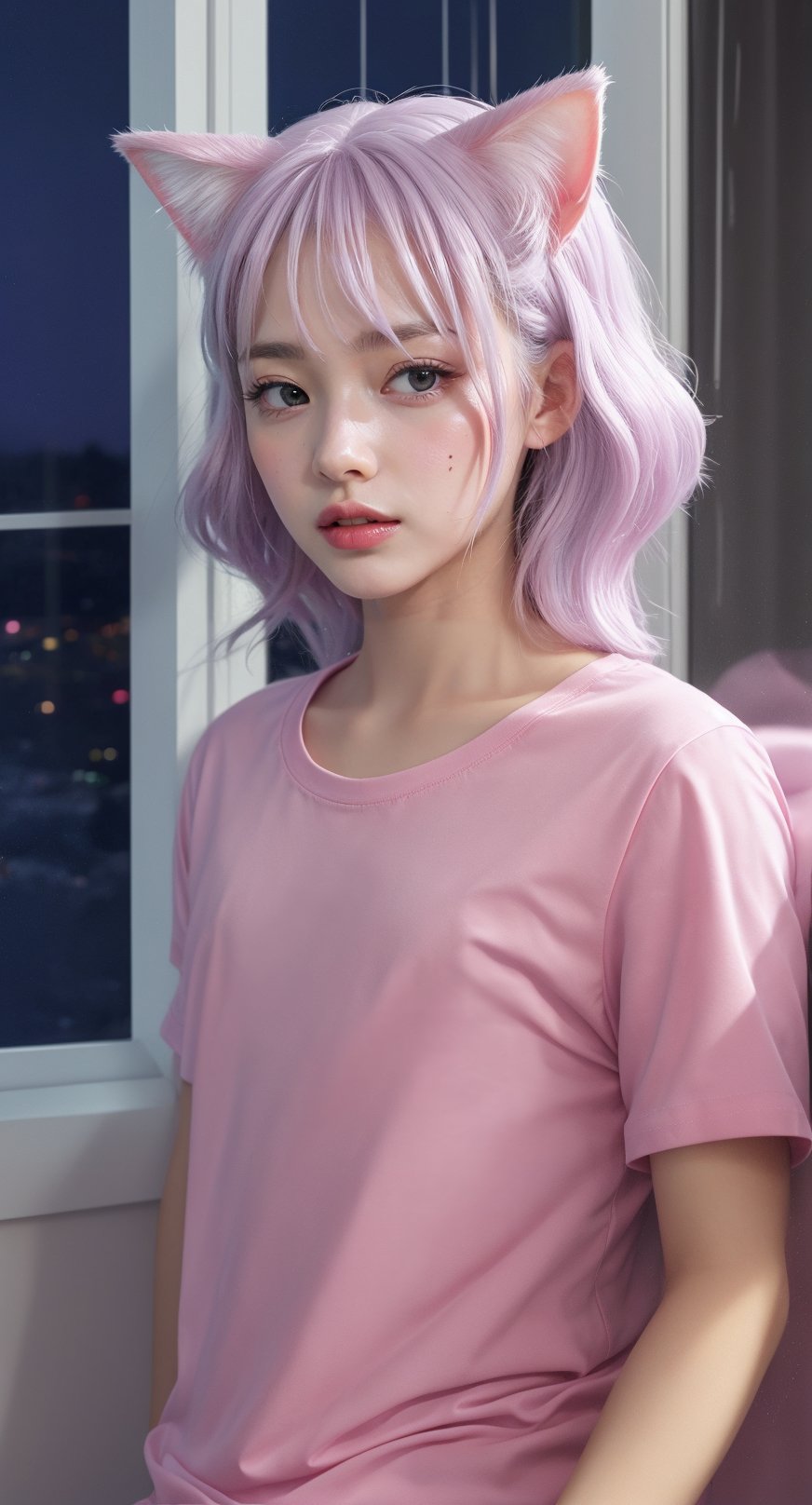 Lean on window, sad, Silver hair, hair bang, cat ears headband, shining hair, skin pores, shining skin, pink t-shirts, in room, rain outside the window, night, lovely, beautiful