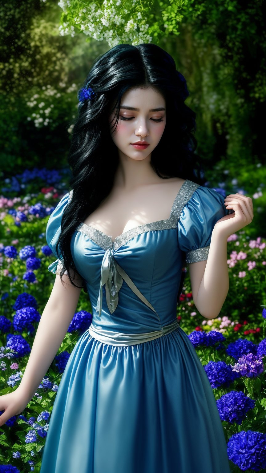 In the heart of an enchanted garden, a woman with cascading curls of midnight black tends to the flowers with gentle care. Her skin is as pale as the petals she lovingly tends, and she wears a simple dress of azure blue, tied with a sash of silver that glimmers in the sunlight.