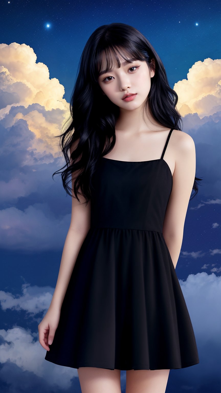 girl, Black dress, gray eyes, medium wavy hair, medium chest, Black hair, against the night sky, summer night, portrait, serenity, innocence, dreaminess, dark exposure, bright colors,dark tones, Clouds,full body, smiling,, 