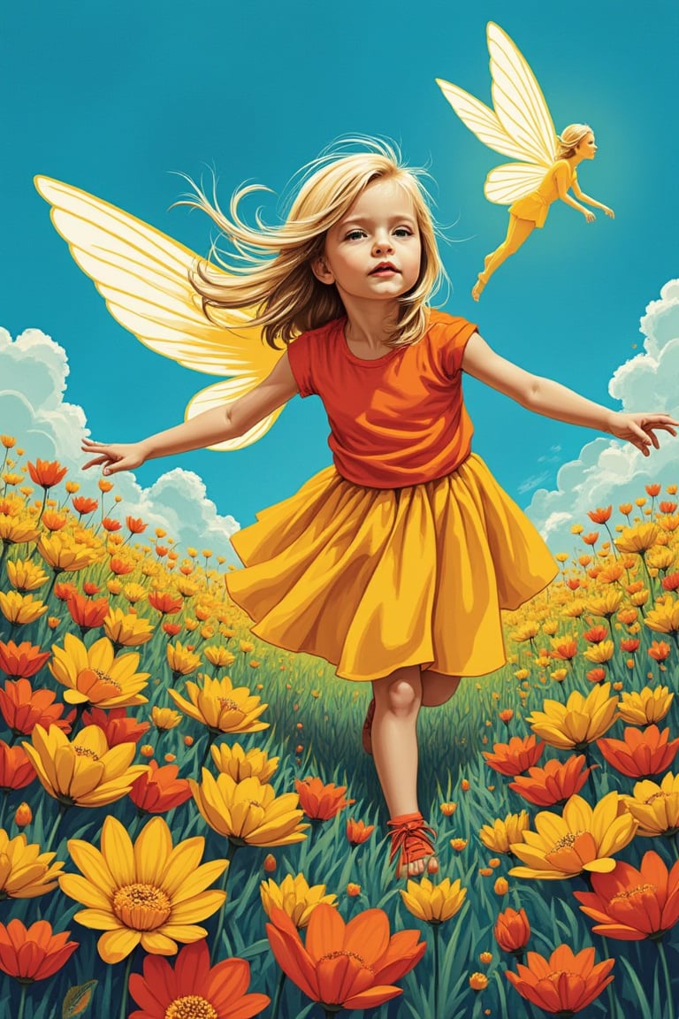 A vibrant Pop Art style image of Hanna, a young child with a playful expression, chasing a glowing pixie through a colorful flower field. The pixie, with bright wings, darts ahead, creating a dynamic contrast against the array of flowers. The scene is framed with bold, graphic lines and saturated colors, capturing the child's energetic pursuit. The composition is lively, with Hanna's pose and the pixie's flight path leading the eye through the whimsical landscape.