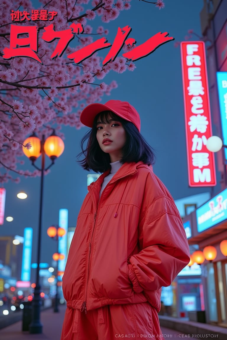 A bold Japanese hyperrealistic advertising poster features Hanna, a stunning Asian model with a sleek, red cap framing her angular face. She exudes confidence in modern, oversized colored baggy jeans paired with a matching loose-jacket. The outfit is accentuated with chunky red sneakers, blending street style with effortless chic. She stands in front of a futuristic urban background with neon signs and soft glowing lanterns, set against a sleek cityscape at night. Behind her, cherry blossoms softly fall, contrasting with the modern environment. Bold kanji characters in dynamic, graffiti-like style read 'FREEDOM' across the top. The poster aesthetic merges contemporary fashion with traditional Japanese elements, creating an energetic, youthful vibe.