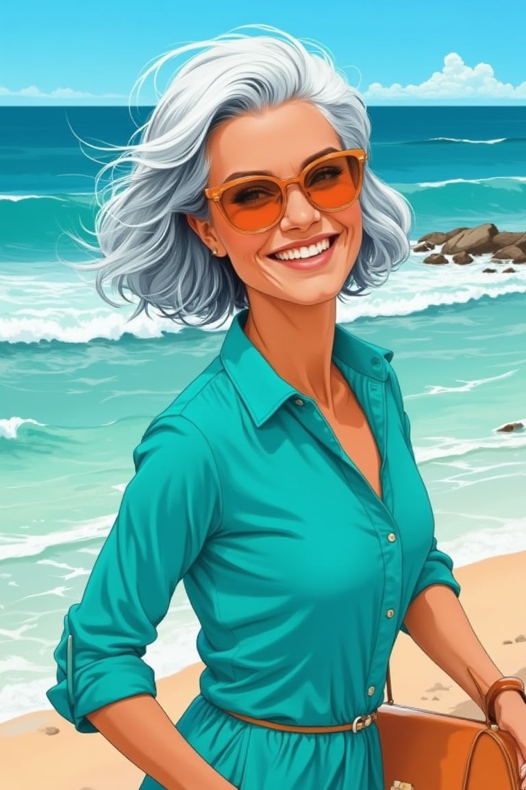 A vibrant Pop Art image of Hanna, depicting a beautiful woman with stylish round glasses, premium stunning grey hair in a pixie bob style, and a striking turquoise shirt. She is walking happily along the beachside, with the ocean and sky creating a dynamic backdrop. The woman's features are bold and defined, with vibrant colors capturing her confident and joyful expression. The scene is framed with a mid-shot, highlighting her stylish attire and the serene beach setting. The composition is lively, with the woman's pose and the beach's natural elements leading the eye through the joyful moment.