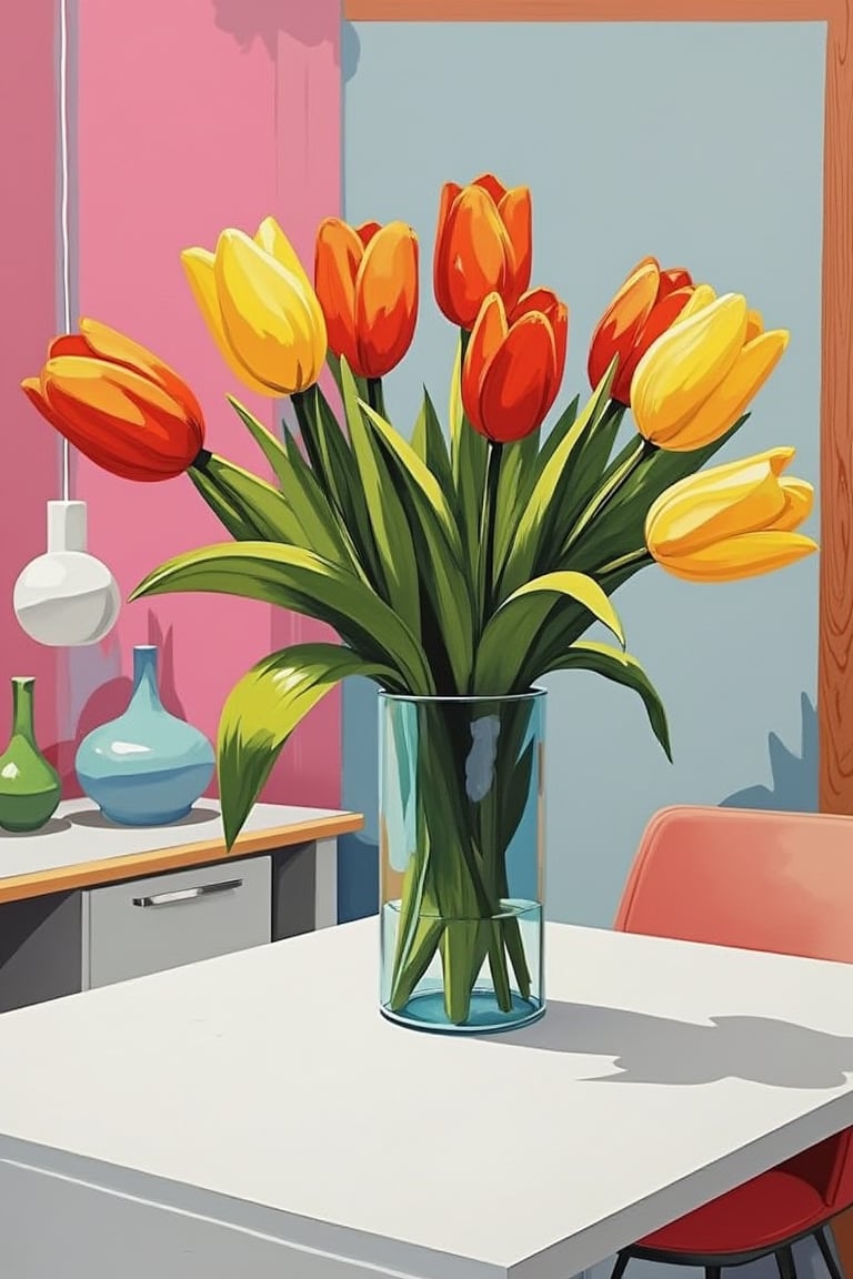 A vibrant Pop Art image of Hanna, featuring a bouquet of tulips in a vase on a modern and simple desk. The tulips are depicted with bold, colorful strokes, contrasting with the clean lines of the desk. The vase is sleek and minimalist, fitting seamlessly into the contemporary setting. The scene is framed with a close-up, focusing on the arrangement of flowers and the desk's uncluttered design. The composition is balanced, with the tulips adding a lively burst of color to the otherwise simple space.