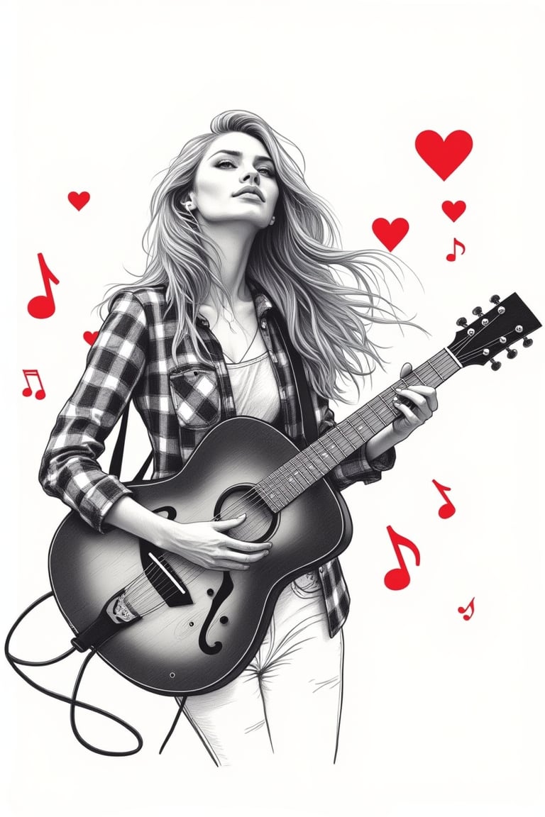 A minimal illustration of a beautiful woman with long flowy hair playing guitar, surrounded by red musical notes shaped like hearts. She wears a checkered jacket in a black and white color block style. The image is framed mid-shot, focusing on her expressive hands and the guitar. The composition is simple, with bold lines and minimal shading, highlighting her elegance and the playful musical notes. The background is plain, allowing her to stand out prominently.