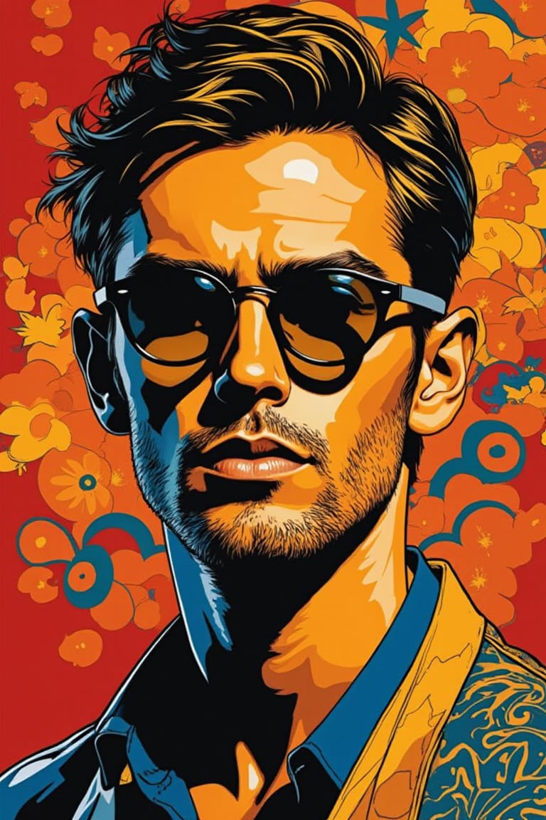 A striking Pop Art portrait of a handsome man with round black glasses. The man's features are bold and defined, with sharp lines and vibrant colors. His glasses are prominent, creating a focal point in the composition. The background is filled with dynamic patterns and contrasting hues, enhancing the graphic quality of the image. The framing is close, focusing on the man's confident expression and stylish attire.