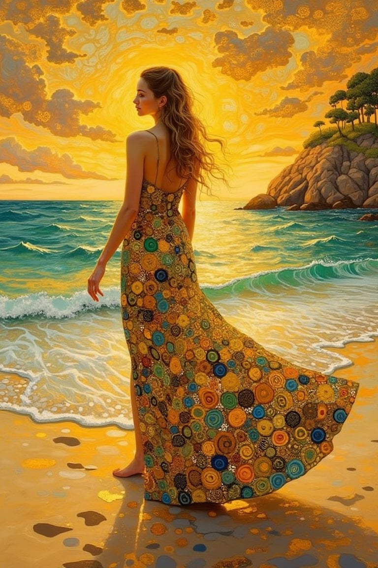 A woman in a flowing, golden dress inspired by Gustav Klimt's style, walking gracefully along a serene beach. Her dress is adorned with intricate patterns and vibrant colors, blending with the golden sand and turquoise sea. The background features a sunset sky with warm, golden hues, casting a soft glow on the scene. The composition frames the woman from the waist up, with a slight tilt to add dynamism, capturing her in motion amidst the tranquil coastal environment.