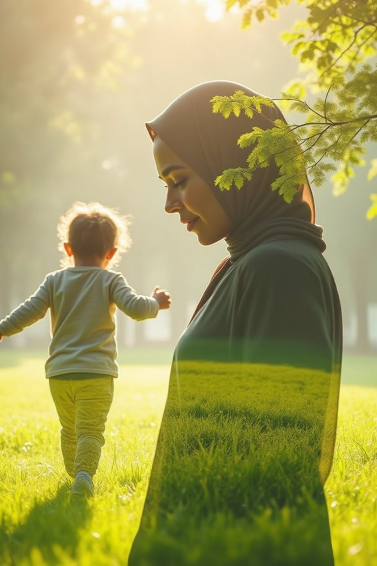 Double exposure blending of a woman wearing a hijab and a cute little girl in a playground surrounded by lush greenery. The image features soft, natural lighting with a warm, golden hue, highlighting the woman's gentle expression and the girl's playful demeanor. The playground fields are vibrant with green grass and tall trees, creating a harmonious contrast. The woman is in a nurturing pose, watching over the girl who is joyfully running around. The composition is balanced, with the lush greenery subtly merging into the woman's silhouette, enhancing the mystical, blended effect.