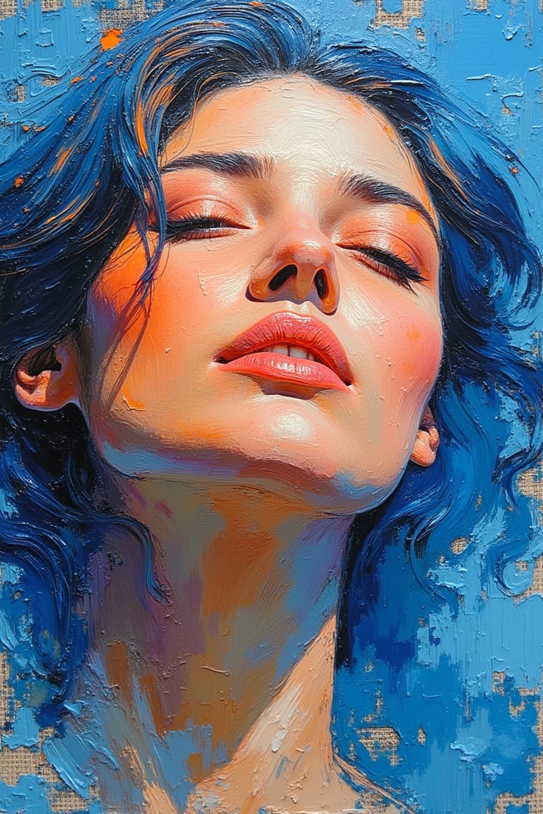 An abstract portrait of a woman, her face portrayed with bold, textured brush strokes. The colors are vibrant, primarily shades of blue, orange, and white, with a focus on creating a serene yet dynamic atmosphere. Her closed eyes and relaxed expression reflect tranquility, with an impasto style painting technique that enhances the depth and movement in the artwork.