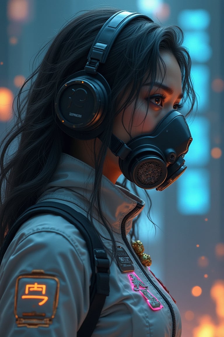 A hyper-realistic portrait of an Asian woman with flowing, expressive hair, wearing a futuristic gas mask. Her holographic attire combines futuristic streetwear and an astronaut suit, exuding cool, confident swag. Reflective textures and layered designs feature bold characters and neon glowing Japanese kanjis. Multiple cloth fastenings and thick golden jewels adorn her. Rendered in 8K UHD, the scene is detailed and vibrant, capturing her futuristic style.