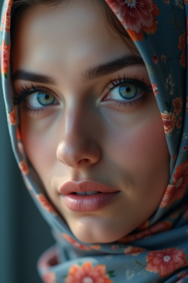 A highly detailed close-up portrait of a woman with flawless skin, wearing a floral-patterned hijab. Her striking blue eyes, framed by long lashes and well-defined eyebrows, are the focus. Soft lighting highlights her facial features, giving her skin a radiant glow. The floral hijab contrasts beautifully with her smooth complexion, creating a serene and captivating mood.