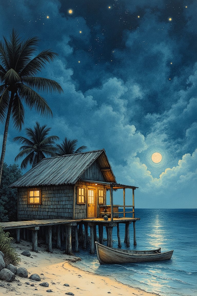 A rustic wooden cabin on stilts by the edge of a calm sea, with a weathered metal roof and dim lights glowing from its windows. The cabin is surrounded by palm trees, and a small wooden boat is beached nearby on a sandy shore. A lone figure stands on the pier under the starlit night sky, which is full of swirling clouds and bright stars. The scene is illustrated in a detailed, cross-hatched ink drawing style with watercolor washes, emphasizing texture, shadows, and highlights to give a serene yet haunting atmosphere.