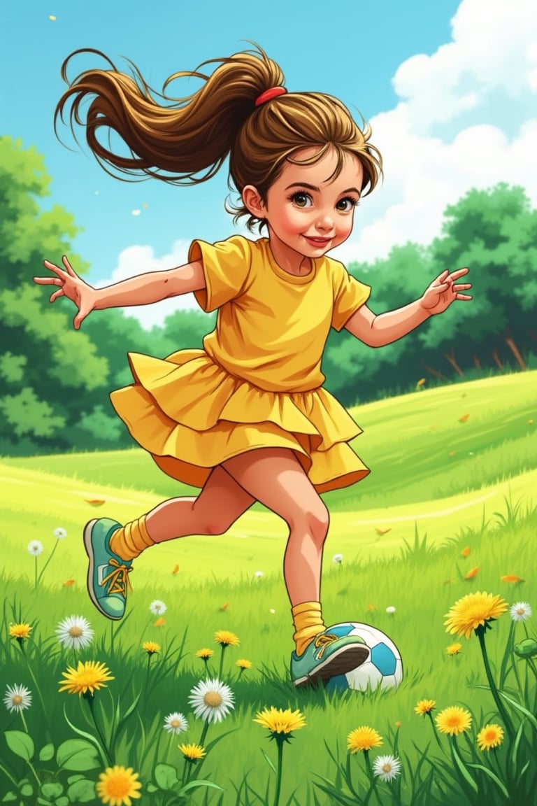 A lively Pop Art depiction of Hanna, a cute girl with a ponytail hair tied, joyfully playing with a ball in a lush greenery field. Dandelions are scattered around, adding a whimsical touch. The girl's expression is bright and animated, with bold lines and vibrant colors capturing her playful energy. The scene is framed with a mid-shot, highlighting her movement and the surrounding greenery. The composition is dynamic, with Hanna's pose and the ball's trajectory leading the eye through the joyful moment.