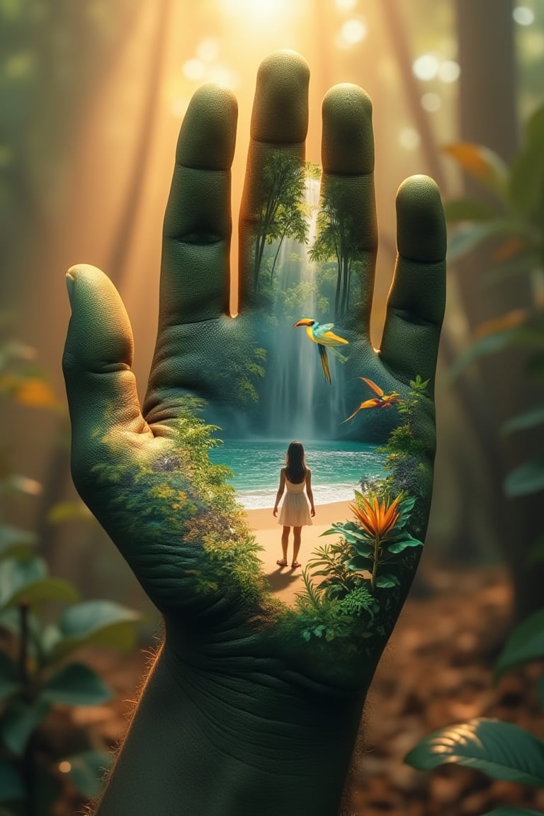 A surrealist digital art piece featuring a human hand transformed into a canvas, intricately painted with a vibrant rainforest scene. The top of the hand depicts a girl in a simple dress, perched against a misty jungle canopy, her silhouette framed by the rich greenery. The surface of the hand is painted with lush green foliage, colorful birds in mid-flight, and a serene beach scene. In the background, the misty beach is softly blurred, creating a dreamlike atmosphere. The image is bathed in warm orange tones, with realistic textures and soft lighting that enhance the surreal and organic beauty of the artwork.