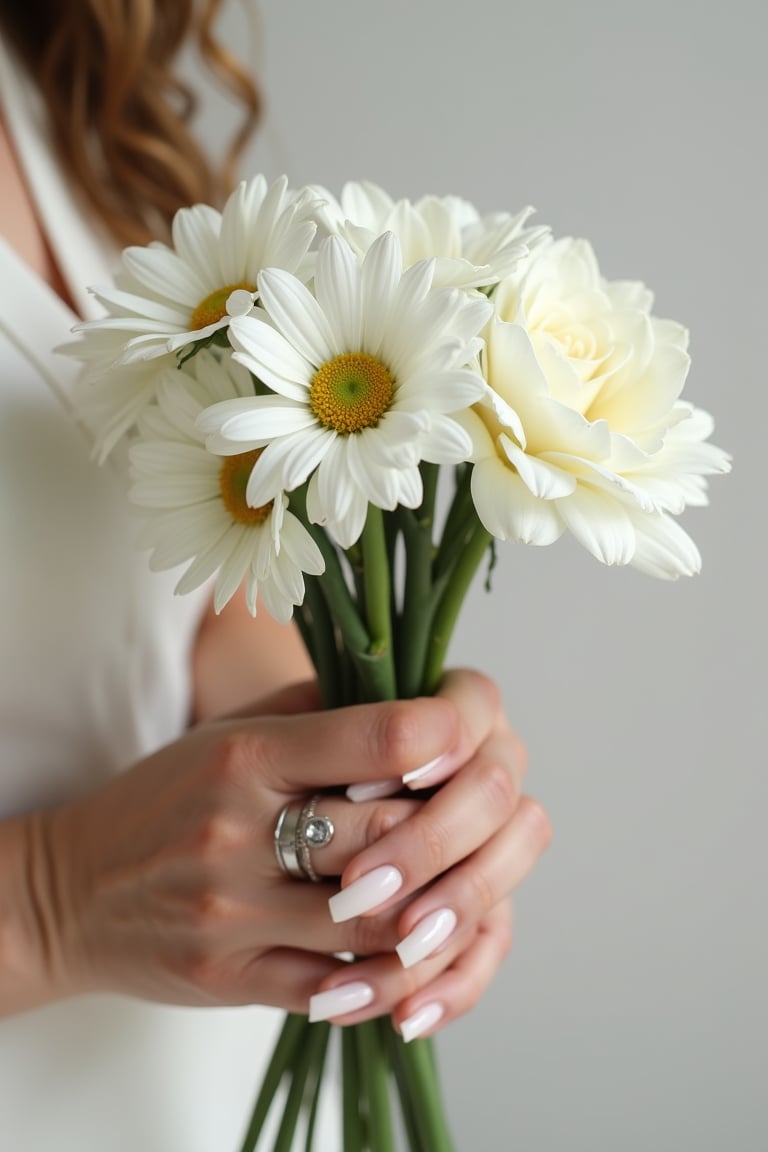 A close-up, minimalist photograph of a woman's hand holding a bouquet of white flowers, including daisies and roses. Her long, polished white nails are perfectly manicured, and she wears a delicate silver ring with a single diamond. The soft focus highlights the flowers and the hand, while the background subtly blurs, keeping the attention on the bouquet and the elegant hand. The lighting is soft and natural, enhancing the delicate details of the flowers and the hand.