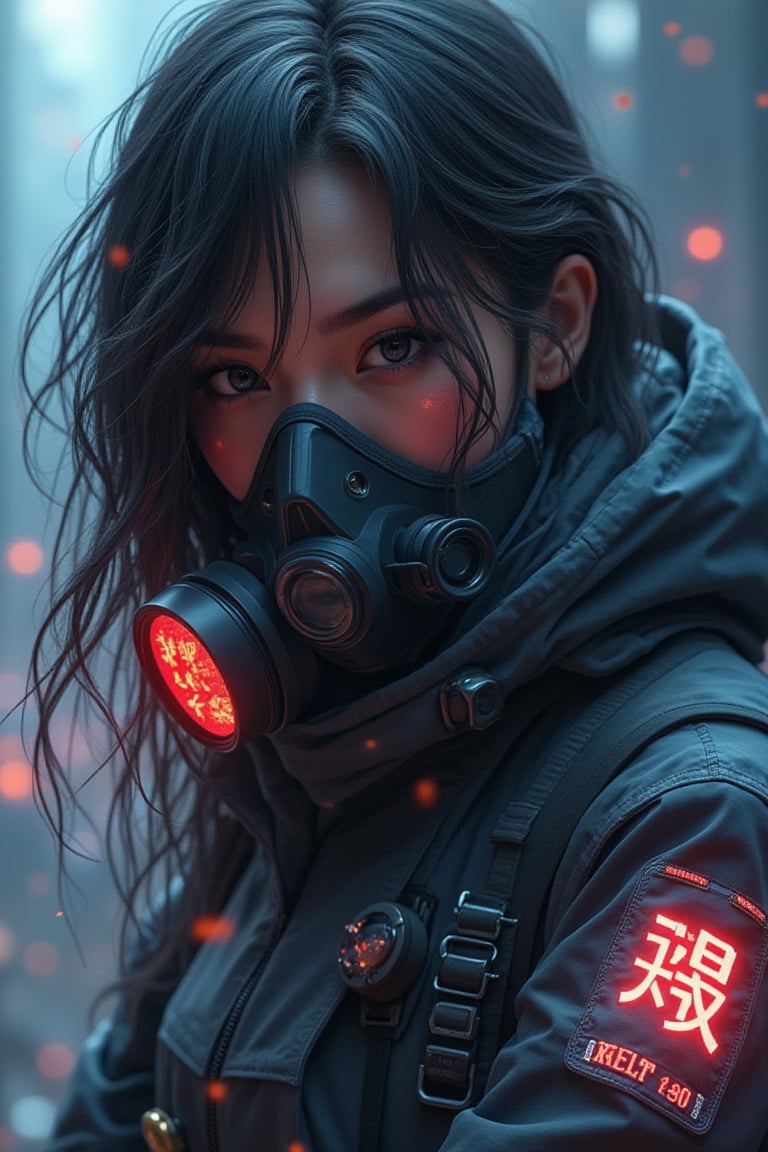 A hyper-realistic portrait of an Asian woman with flowing, expressive hair, wearing a futuristic gas mask. Her holographic attire combines futuristic streetwear and an astronaut suit, exuding cool, confident swag. Reflective textures and layered designs feature bold characters and neon glowing Japanese kanjis. Multiple cloth fastenings and thick golden jewels adorn her. Rendered in 8K UHD, the scene is detailed and vibrant, capturing her futuristic style.