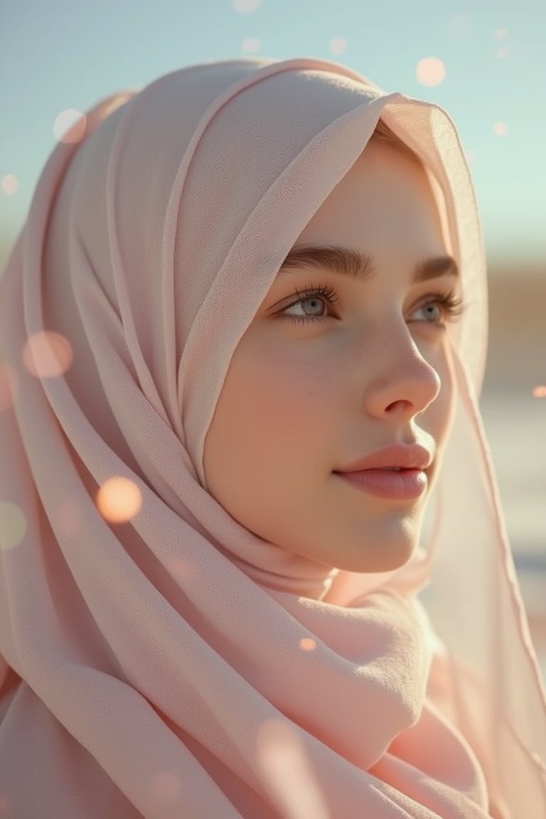 A highly detailed, fantasy-inspired portrait of Hanna, a beautiful young woman wearing a flowing hijab. The scene is dreamlike, with soft, ethereal lighting. She has a calm expression, her face slightly tilted upward as she looks thoughtfully toward the sky. Her serene smile and pensive gaze evoke a sense of tranquility and introspection. The background is softly blurred, giving a magical, otherworldly feel with gentle pastel tones and floating light particles, creating a peaceful and dreamlike atmosphere.