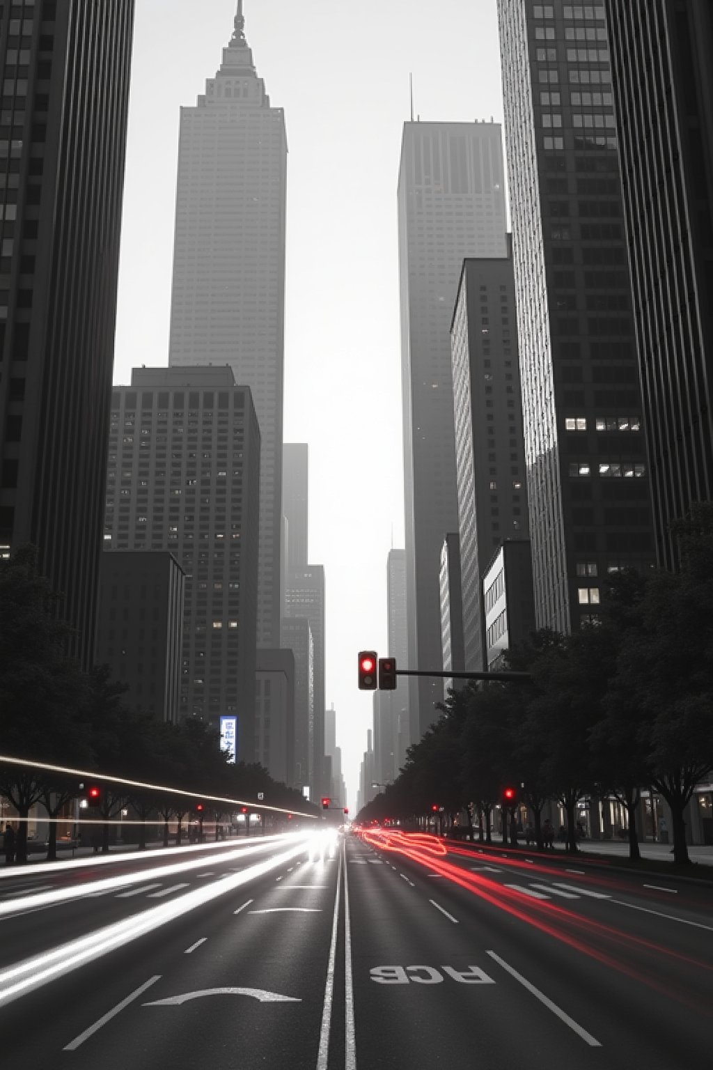 A dramatic black-and-white city scene with sleek, modern skyscrapers dominating the background. The image focuses on a traffic light in vivid color, creating a striking contrast with the grayscale environment. Captured with a Fuji camera using its film simulation for dynamic tones and soft cinematic lighting, light trails from speeding cars add a sense of movement and energy. Rendered in Unreal Engine 5, the scene features hyper-realistic lighting, textures, and ray-traced reflections, creating a lifelike and immersive urban atmosphere.