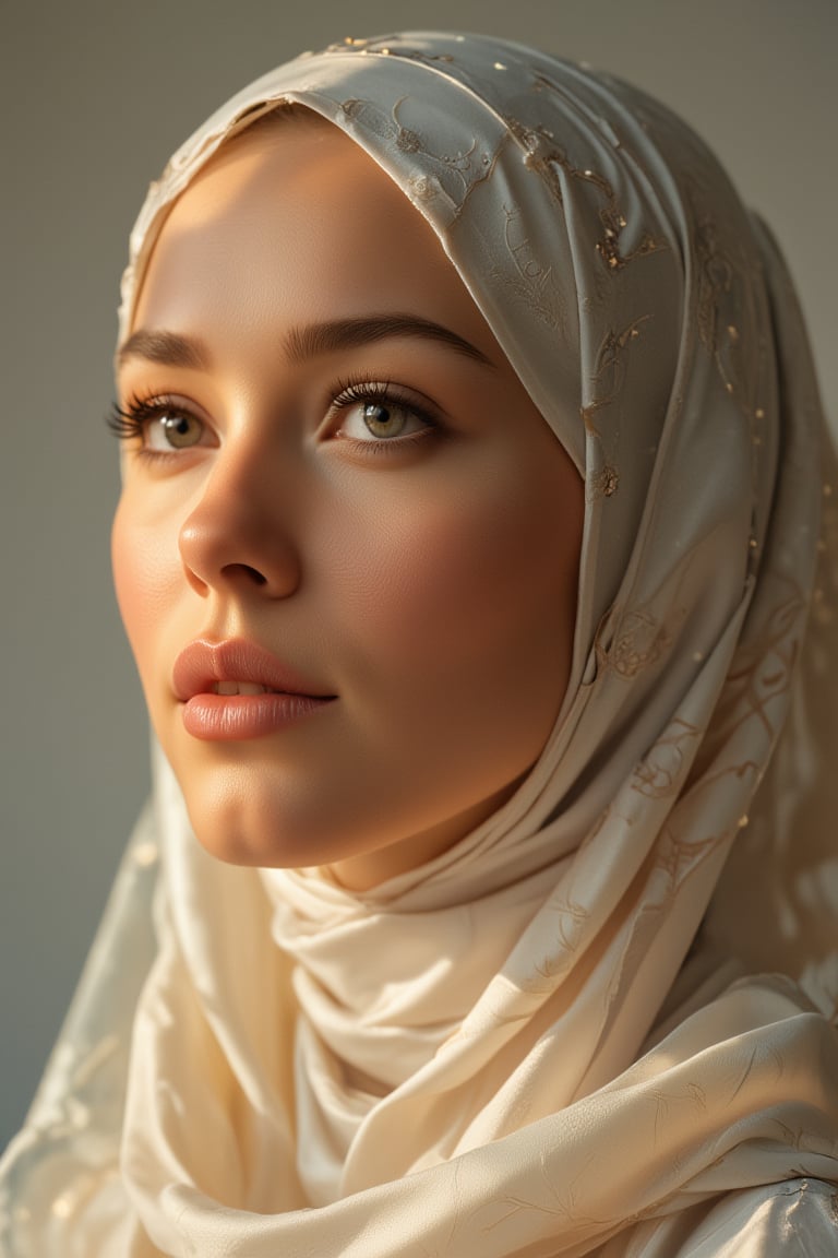 A serene close-up portrait of a beautiful woman with a silky white hijab, her eyes softly gazing into the distance. The lighting is soft and warm, casting a gentle glow on her face. The composition is centered, with the hijab draping elegantly around her shoulders. The background is a subtle, neutral tone, allowing her serene expression to take center stage.