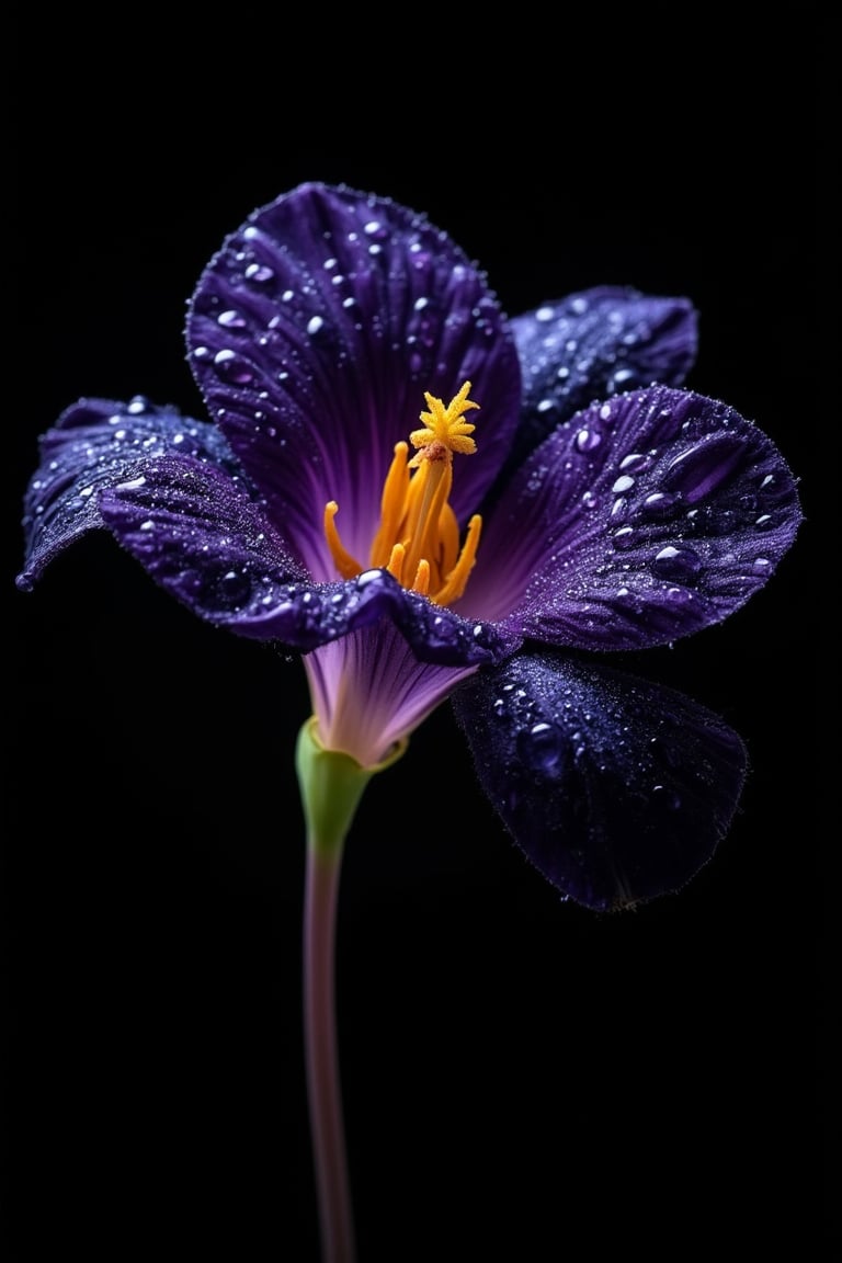 A hyper-detailed, close-up shot of a single flower with dark translucent petals covered in dewdrops. The petals are slightly open, revealing a vibrant yellow and purple center. The flower is illuminated dramatically against a black background, with water droplets suspended in mid-air, creating a sense of movement and life. The glossy petals and water droplets reflect the light in mesmerizing patterns, evoking a feeling of freshness and mystery. The overall mood is elegant and surreal, with a strong focus on texture and detail.