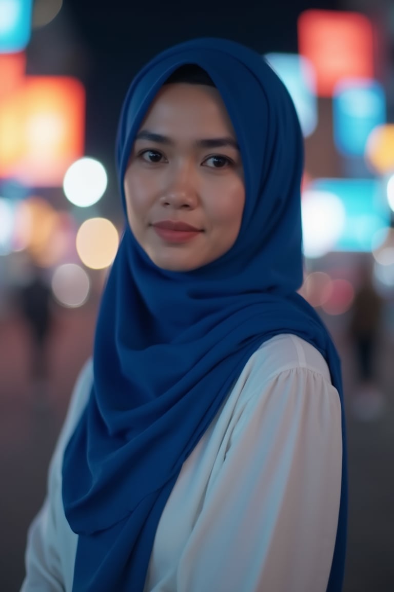 A cinematic, high-resolution portrait of a beautiful woman wearing a royale blue hijab and a white dress, standing confidently in a vibrant city at night. The bokeh effect in the background creates a dreamy, soft glow from the colorful city lights, adding depth to the scene. The soft lighting highlights her serene expression and delicate features, while the blurred neon signs and city ambiance in the distance enhance the urban, modern atmosphere. Her poised demeanor and minimalist outfit exude elegance and sophistication.