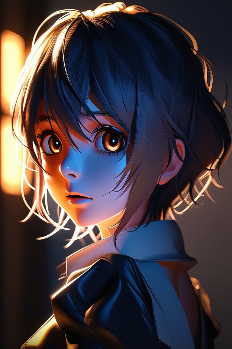 A photorealistic anime-style scene with a character featuring expressive, large eyes and finely detailed hair, illuminated by dramatic chiaroscuro lighting. The light casts sharp contrasts, highlighting half of the character's face while the other half fades into shadow, emphasizing depth and emotion. The dim, textured background creates a moody atmosphere. The character's hair and clothing have soft, realistic textures, while facial features and expressions retain stylized anime qualities. The lighting captures intricate details of the character’s face, creating a captivating, cinematic look.