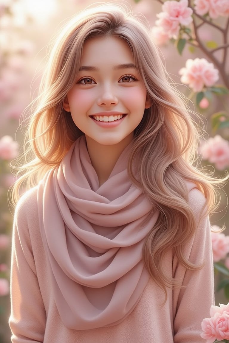 A digital illustration of a sweet young woman with soft, delicate features, fair skin, and warm, gentle eyes. She has a long hijab cascading down her shoulders. The scene is softly lit, capturing her serene expression. She stands in a natural setting, surrounded by blooming flowers, with a gentle breeze slightly moving her hair. The composition is close-up, focusing on her gentle smile and the delicate texture of her skin.