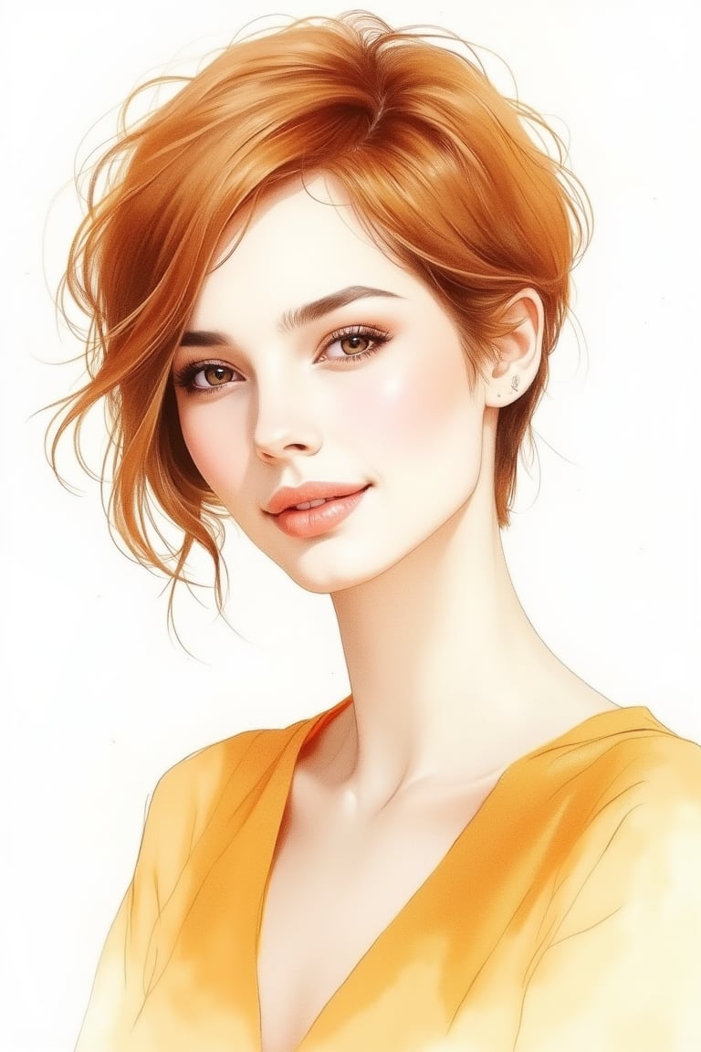 A 3D watercolor portrait of a pretty lady with a white face, brown-orange pixie bob lines hair, and a soft mustard outfit. She wears a neutral smile, and the image is rendered in a painterly style with splashy watercolor techniques. The composition is centered, with soft, diffused lighting highlighting her delicate features and expressive eyes. The background is minimal, allowing her to stand out prominently. The 3D watercolor technique creates a fluid, dynamic effect, highlighting her elegance and grace.