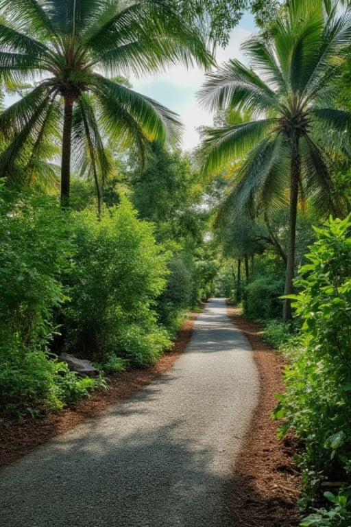 a pathway road , lush grenery palm trees, village