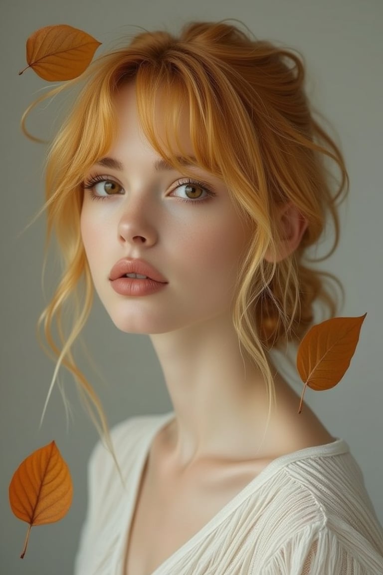 Ultra-realistic portrait of Hanna in the same pose as the reference image, with mustard yellow hair softly framing her face. The background is filled with a soft, misty grey tone that enhances the quiet, reflective mood. She is dressed in a white, delicately textured outfit. Her expressive brown eyes reflect light, giving a subtle sense of emotion. Autumn leaves in muted tones of brown and orange float gently around her, adding to the serene and melancholic autumn setting.