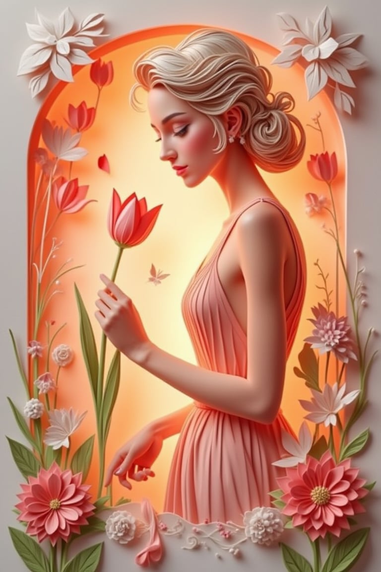 3D paper cut style, Hanna - a beautiful woman with delicate features, holding a single tulip flower. Soft, warm lighting illuminates her face and the flower. She stands in a serene garden, surrounded by blooming flowers. The composition is centered on Hanna, with the tulip flower prominently displayed in her hand. The background features intricate paper cut designs of leaves and petals.