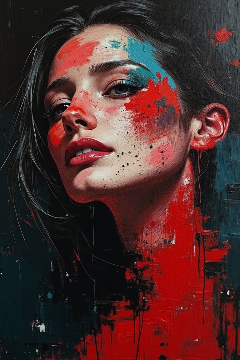 An expressionist portrait of a woman, created with thick, bold strokes of oil paint in red, black, white, and teal tones. Her face is covered in dramatic patches of color, blending realism with abstraction, giving a sense of powerful emotion and intensity. The textured painting style and the use of dark background contrasts sharply with the vibrant patches on her face, adding a striking visual impact.