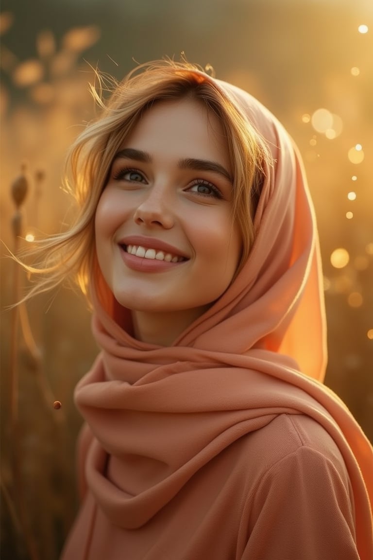 Fantasy portrait of Hanna, a young woman in a hijab, captured with a dreamlike, soft-focus effect. Her face is illuminated by gentle, golden light, as she smiles subtly with a calm, serene expression. Her head is slightly tilted as she looks up toward the sky, conveying a peaceful, reflective mood. The background is blurred, with delicate light flares and floating particles that give the scene a magical, fantasy atmosphere, blending reality with a dreamlike sense of wonder.