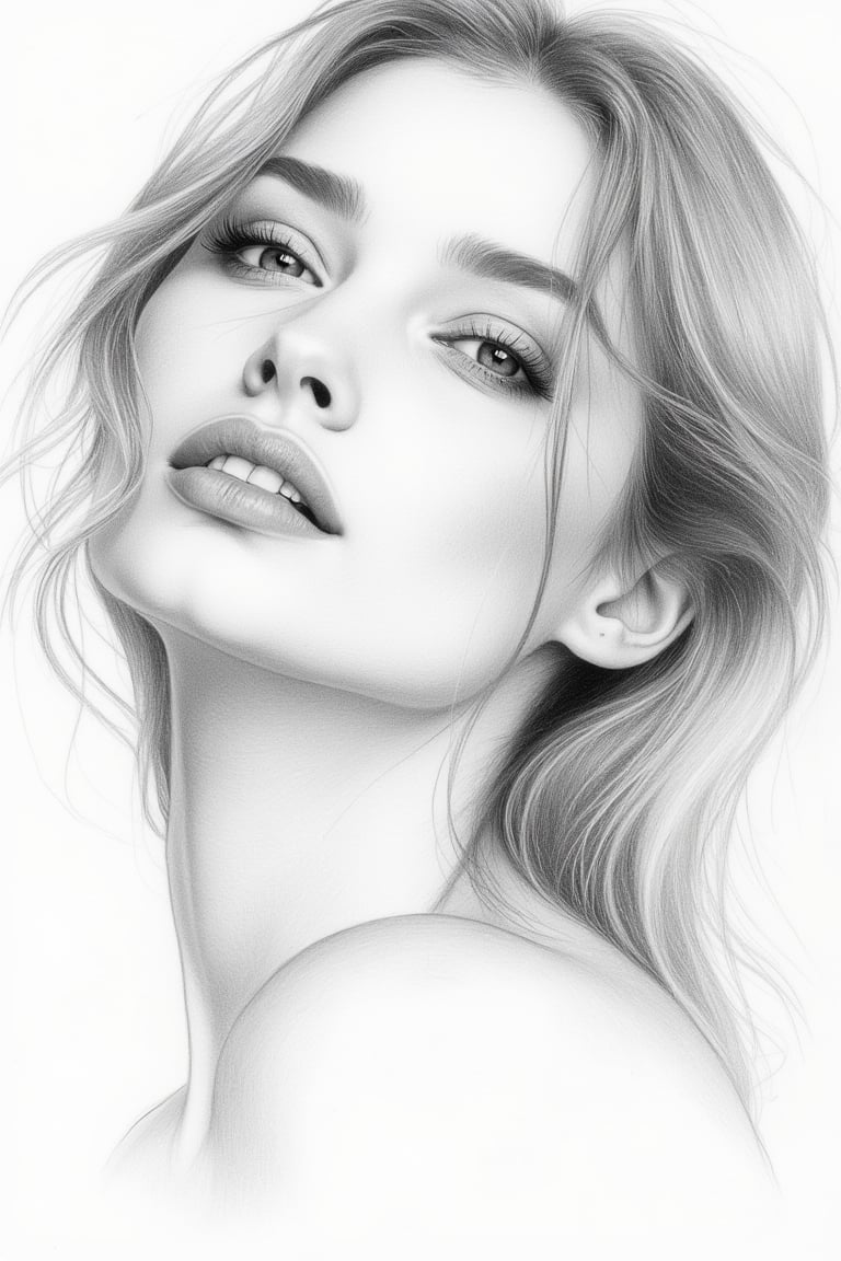 A beautiful woman pencil drawing portrait, with her beautiful hair and eyes captured in soft lines and shapes, in the style of fine art illustrations. The image is framed close-up, focusing on her face with soft, diffused lighting. The composition is centered, with a simple white background allowing her to stand out prominently. The drawing emphasizes her delicate features and expressive eyes, highlighting her elegance and grace.