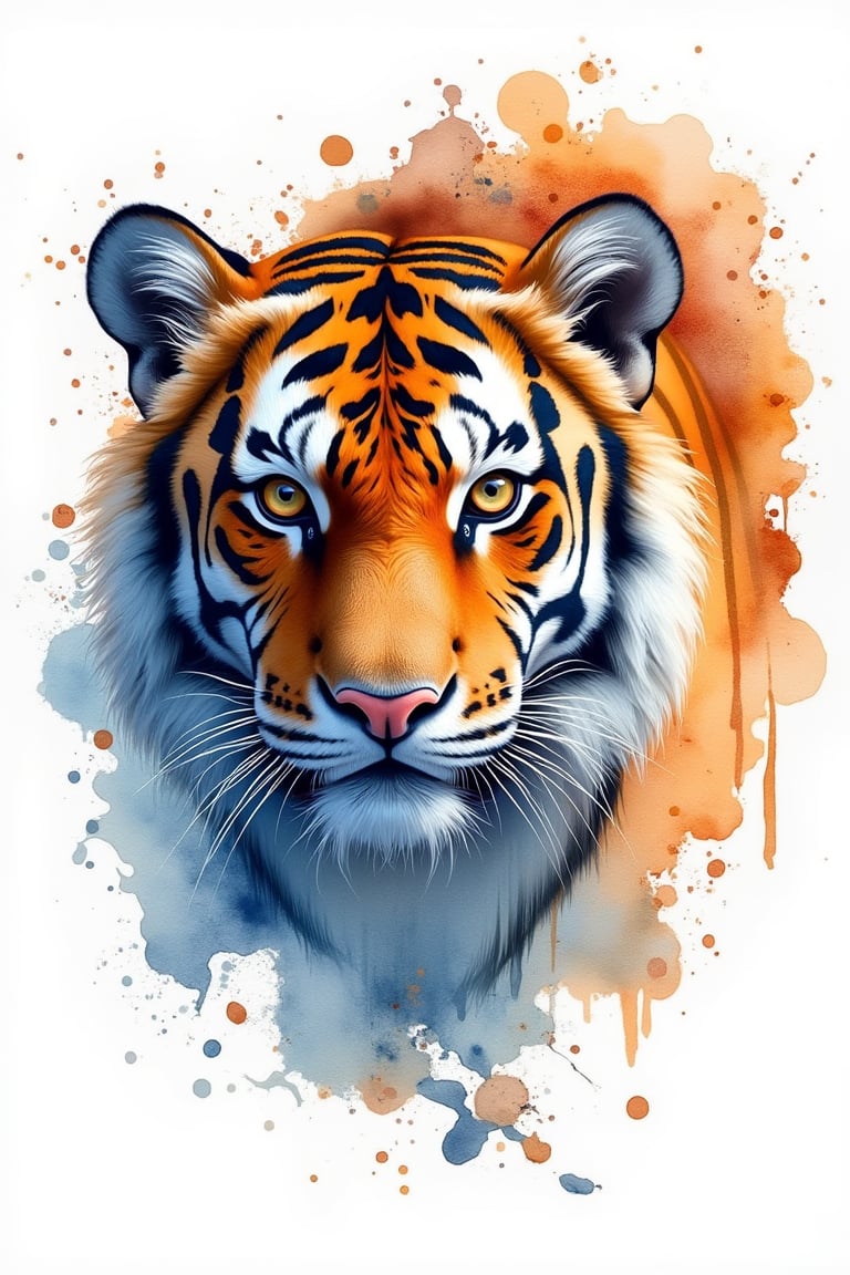 A majestic tiger in an abstract watercolor style, its face detailed with fine strokes blending into splashes of orange, blue, and white. The artwork merges realism and abstract art, with dynamic paint splatters and brushstrokes that suggest movement and energy, creating a wild yet harmonious composition. The tiger’s gaze is intense and focused, symbolizing strength and grace.