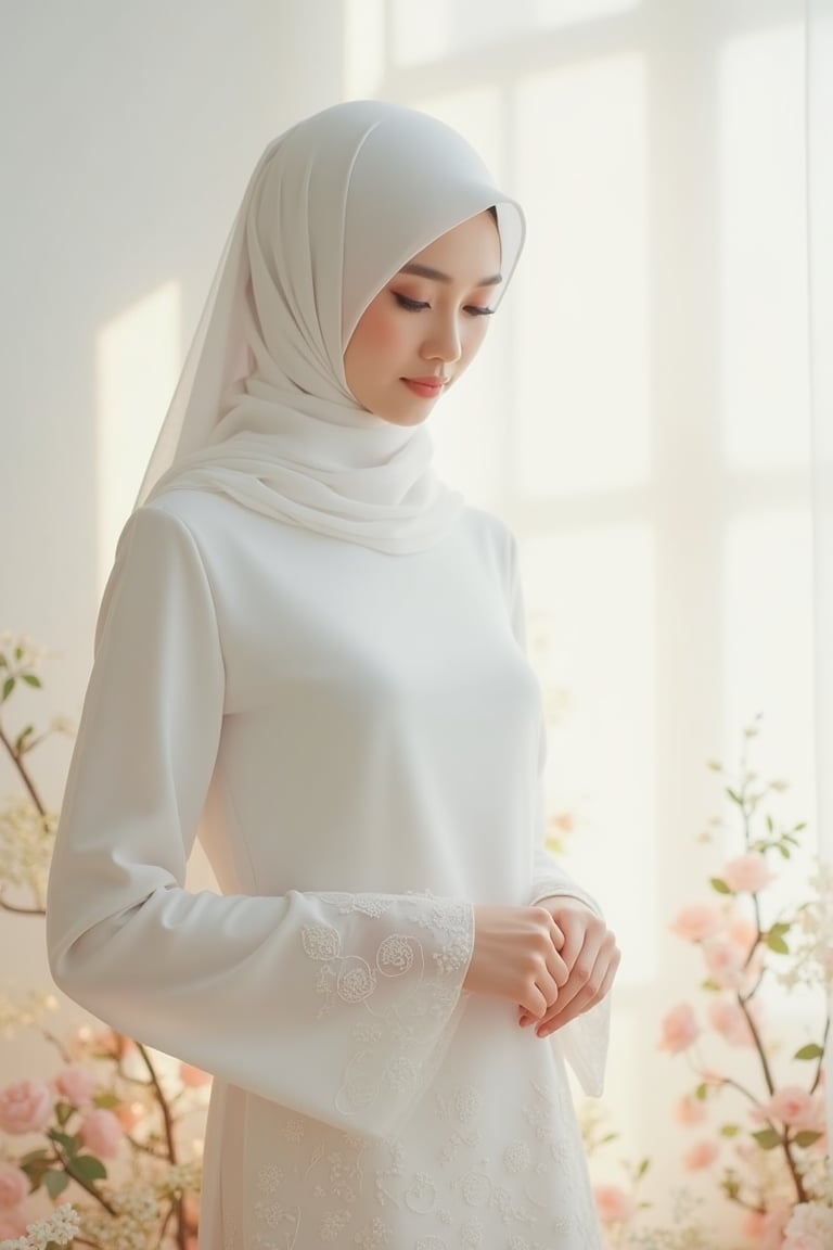 A beautiful medium painting of a woman wearing a white baju kurung with a minimalist floral print at the base. She has a white, sheer pearl head cover that delicately drapes over her head, slightly revealing her hair underneath. The lighting is soft and ethereal, creating a serene and elegant atmosphere. Her pose is graceful, standing amidst a backdrop of soft, pastel floral elements that complement the floral design of her outfit. The scene radiates purity and elegance, blending traditional style with a modern, minimalist touch.