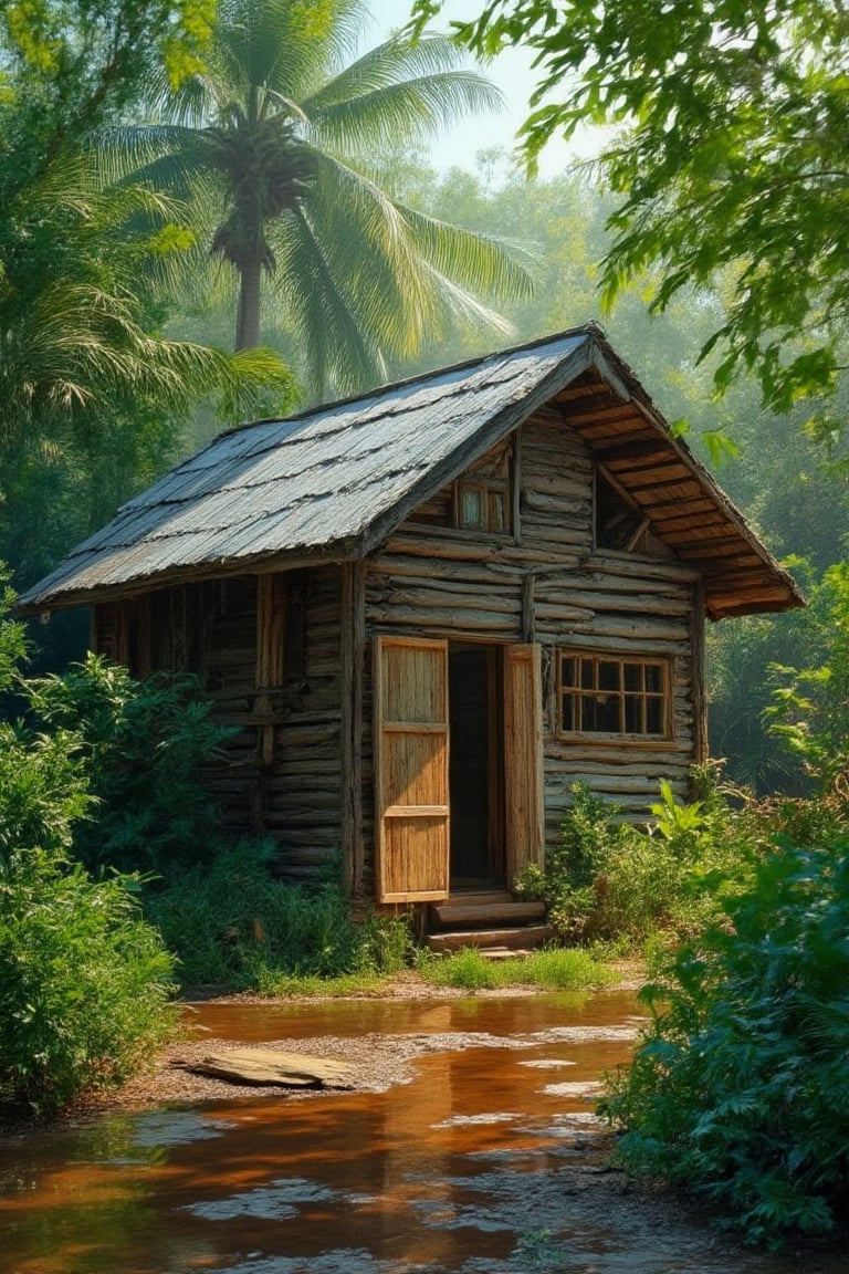 : A cropped ultra close-up, highly detailed and ultra-realistic painting of a rustic, tropical scene featuring a half-view of a weathered wooden house with a tin roof. The scene includes fine art bold sketch elements, intricate textures of the aged wood, metal roof, and surrounding lush greenery with tall palm trees. The ground is wet with puddles reflecting the soft morning light. The overall style blends realism with a painterly quality, focusing on intricate details of the rustic tropical environment. 