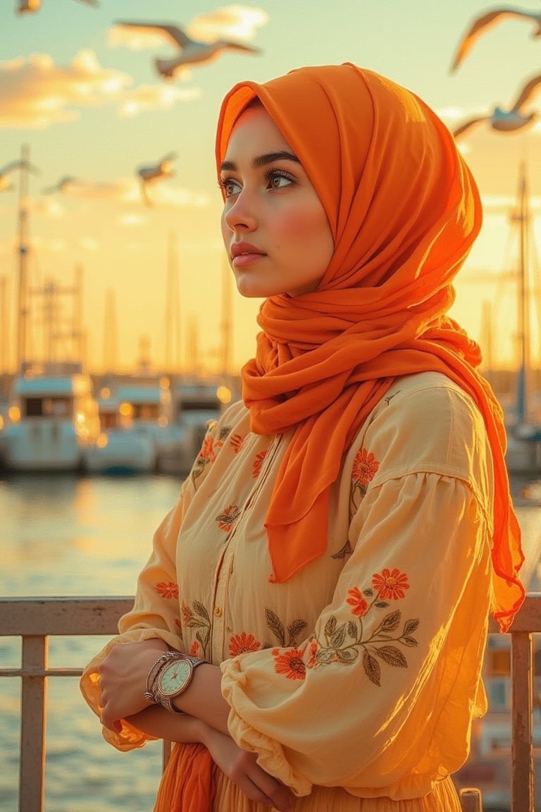 A young woman wearing an orange floral hijab, looking thoughtfully out towards the horizon at a marina. Her blouse is adorned with an embroidered floral design, matching the soft, warm palette of her hijab. The background showcases a marina at sunset, with boats and masts rising into the sky, and seagulls flying overhead, all bathed in golden light. The artwork captures her soft expression, the delicate folds of her clothing, and the gentle play of light and shadow, creating an atmosphere of quiet reflection and beauty. The illustration is rendered in a painterly style, focusing on the intricate patterns of her attire and the sunset’s warm glow.