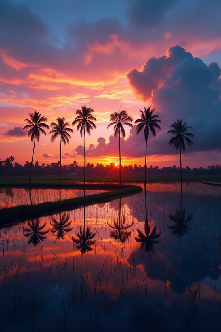 A stunning landscape scene featuring a vibrant sunset with dramatic clouds in the sky, reflected in the calm waters of a rice paddy field. The silhouette of tall palm trees stands majestically against the colorful evening sky, blending orange, pink, and blue hues. The reflection in the water mirrors the scene, creating a serene and symmetrical composition. The overall mood is peaceful and reflective, capturing the natural beauty of a tropical countryside at dusk. No watermarks or text on the image.