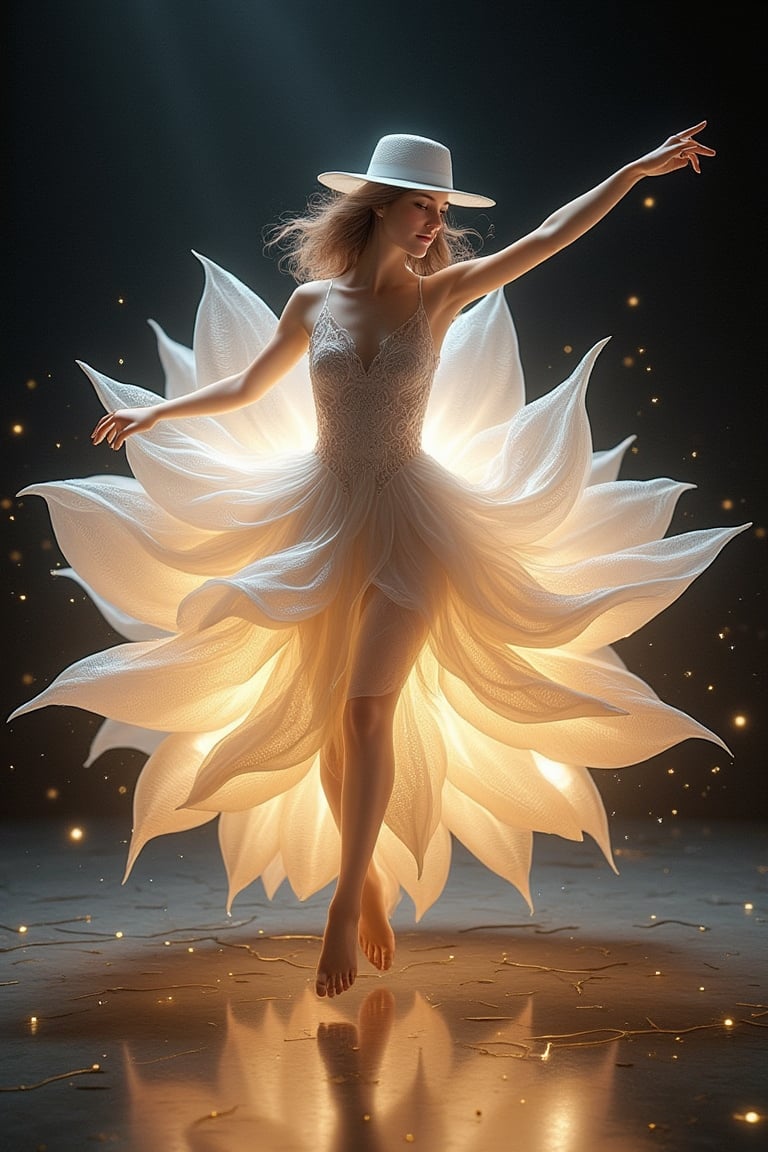 A digital illustration of an elegant, surreal scene featuring a woman in a delicate, flowing dress made of translucent petals that resemble the bloom of a giant flower. The petals radiate from her body, forming a flower-like structure, with intricate details in the texture and light reflections. She wears a white hat, her posture graceful and poised, as if she is emerging from the heart of the flower. The soft lighting highlights the ethereal quality of the petals, creating a dreamlike atmosphere. The background is dark, enhancing the luminous quality of the woman and the floral elements, while golden accents on the ground reflect the petals' shapes, adding a touch of elegance and mystique. Hyper-realistic rendering with an emphasis on fine textures and soft lighting.