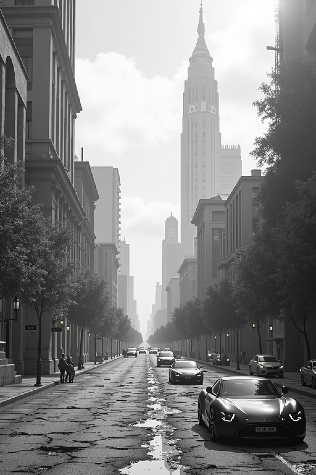 A black-and-white image featuring a contrasting place set in two different times. The left side of the scene depicts an old, decaying cityscape from the past, with crumbling buildings, cracked roads, and vintage cars. The right side represents the modern era, with sleek, futuristic skyscrapers, clean streets, and advanced vehicles. The entire image is rendered in high-contrast black and white, emphasizing the stark differences in architecture and technology between the two times. The style is raw and unpolished, giving the image a gritty, realistic feel with sharp details and textures. --style raw --v 6.1