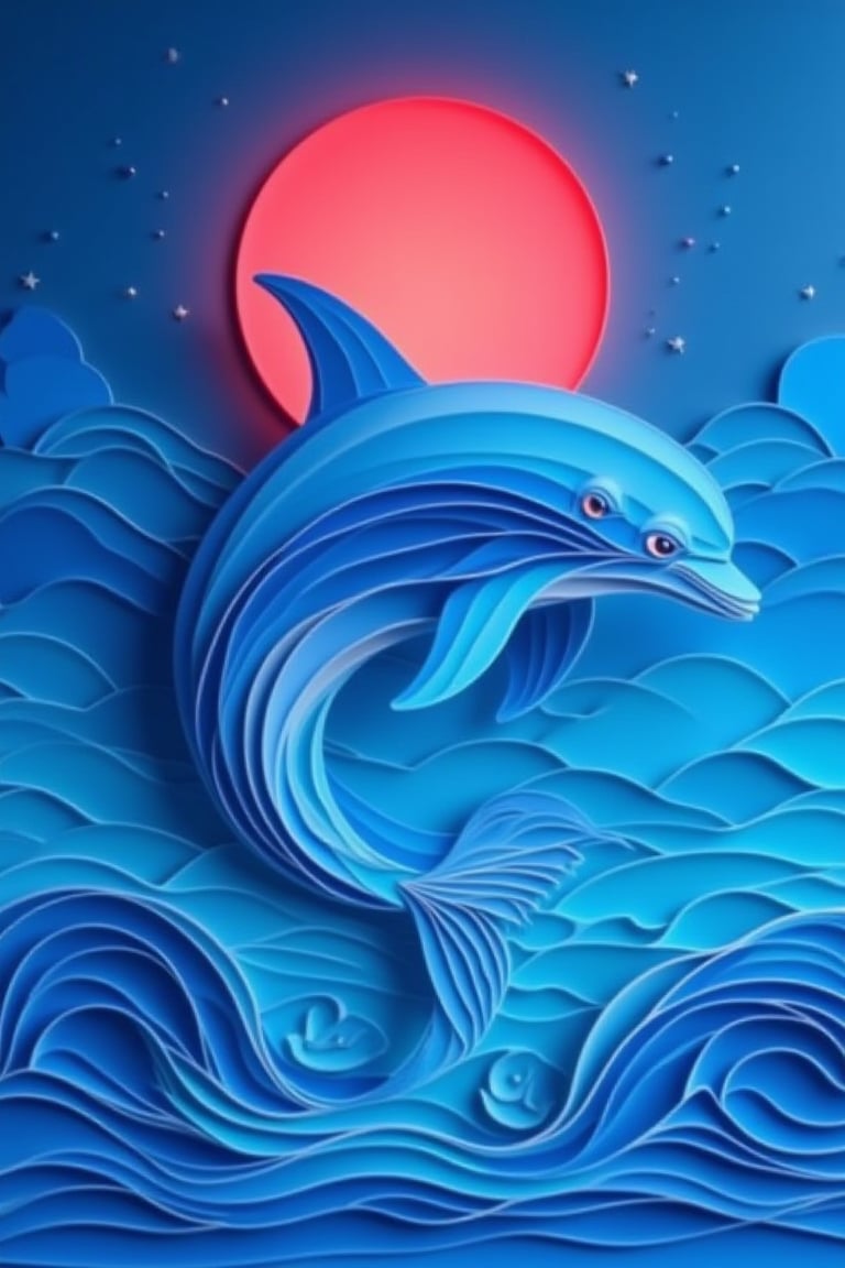 3D paper cut style, Hanna - a stunning 3D papercut art piece on a vibrant blue sea background. A graceful dolphin leaps out of the water, its body elegantly curved in mid-air, crafted with intricate paper layers. Gentle waves ripple beneath the dolphin, adding depth and movement. Above, a glowing red moon contrasts against the serene blue tones. The entire artwork exudes elegance and beauty, with detailed paper layers bringing the scene to life.