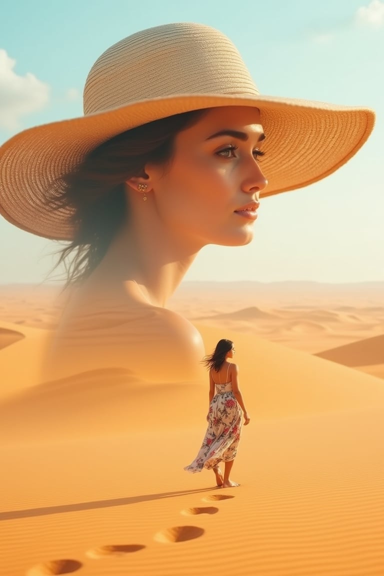 Surreal double exposure composition of a vast desert landscape with golden sand dunes stretching into the horizon. In the foreground, the large brim of a sun hat blends seamlessly into the dunes, creating an illusion where the woman's face and the desert merge. A smaller figure of a woman, dressed in a flowing floral dress, walks barefoot on the dunes, leaving behind a trail of footsteps. The sky is a soft blue with gentle clouds, adding contrast to the warm desert tones. Hyper-realistic details with emphasis on the texture of the sand, the fabric of the dress, and the smoothness of the skin, creating a dreamlike yet photorealistic effect.