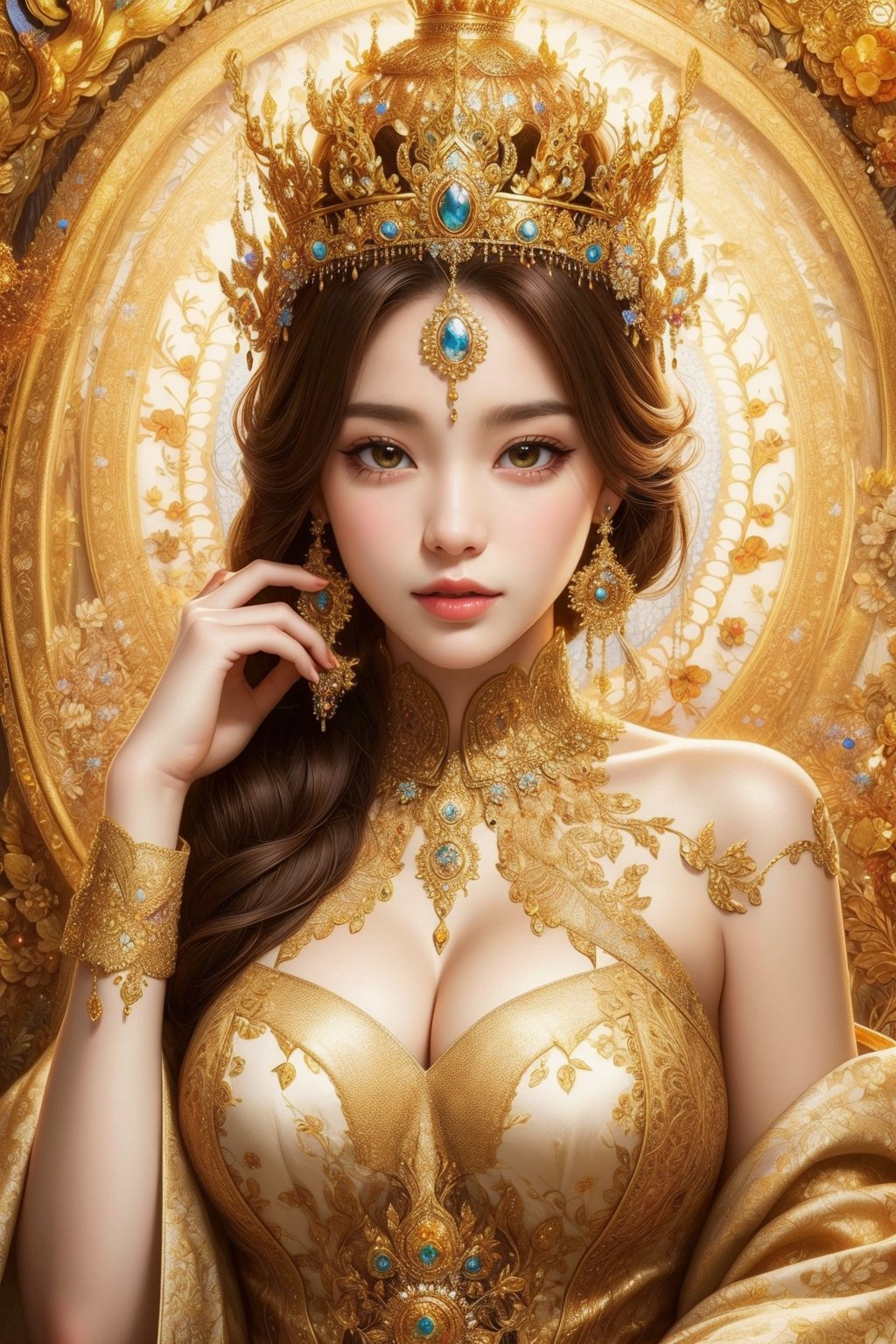 busty and sexy girl, 8k, masterpiece, ultra-realistic, best quality, high resolution, high definition, (Mandala flower pattern),  GOLD CROWN, TAHI GIRL, INTRICATE PATTERN DRESS