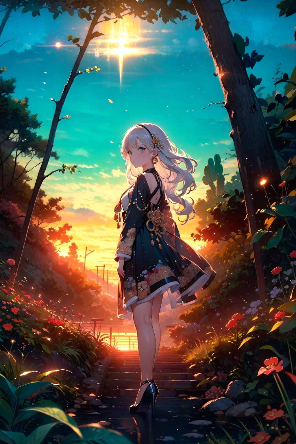 Masterpiece, 4K, ultra detailed, ((solo)), long wavy white hair sexy woman wearing fancy mini dress and high heels, beautiful hazel color eyes, dangling earrings, in rocky desert cactus with flowers, epic sunset, more detail XL, SFW, depth of field, (ukiyoe art style), fisheye lens,